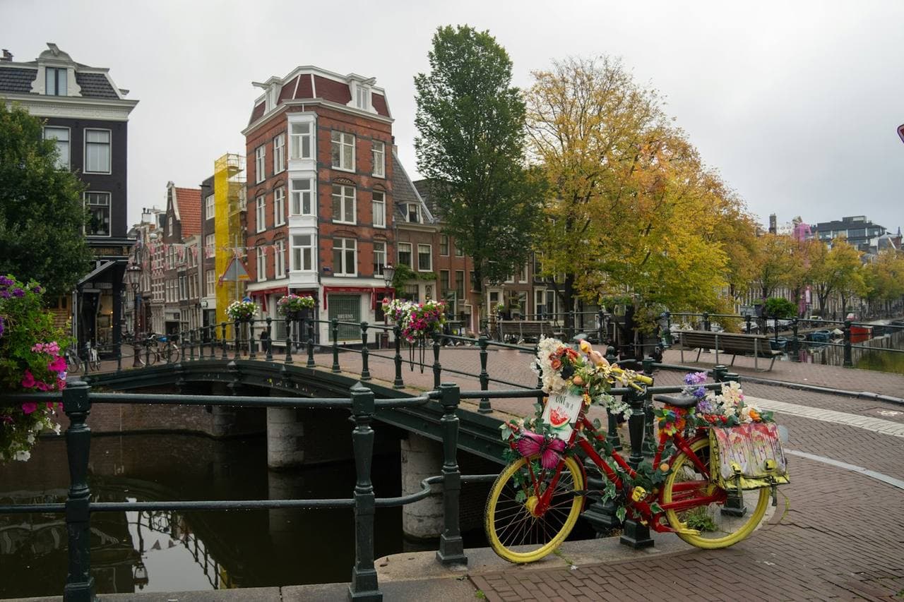 A bike with flowers on a bridge in De Pijp