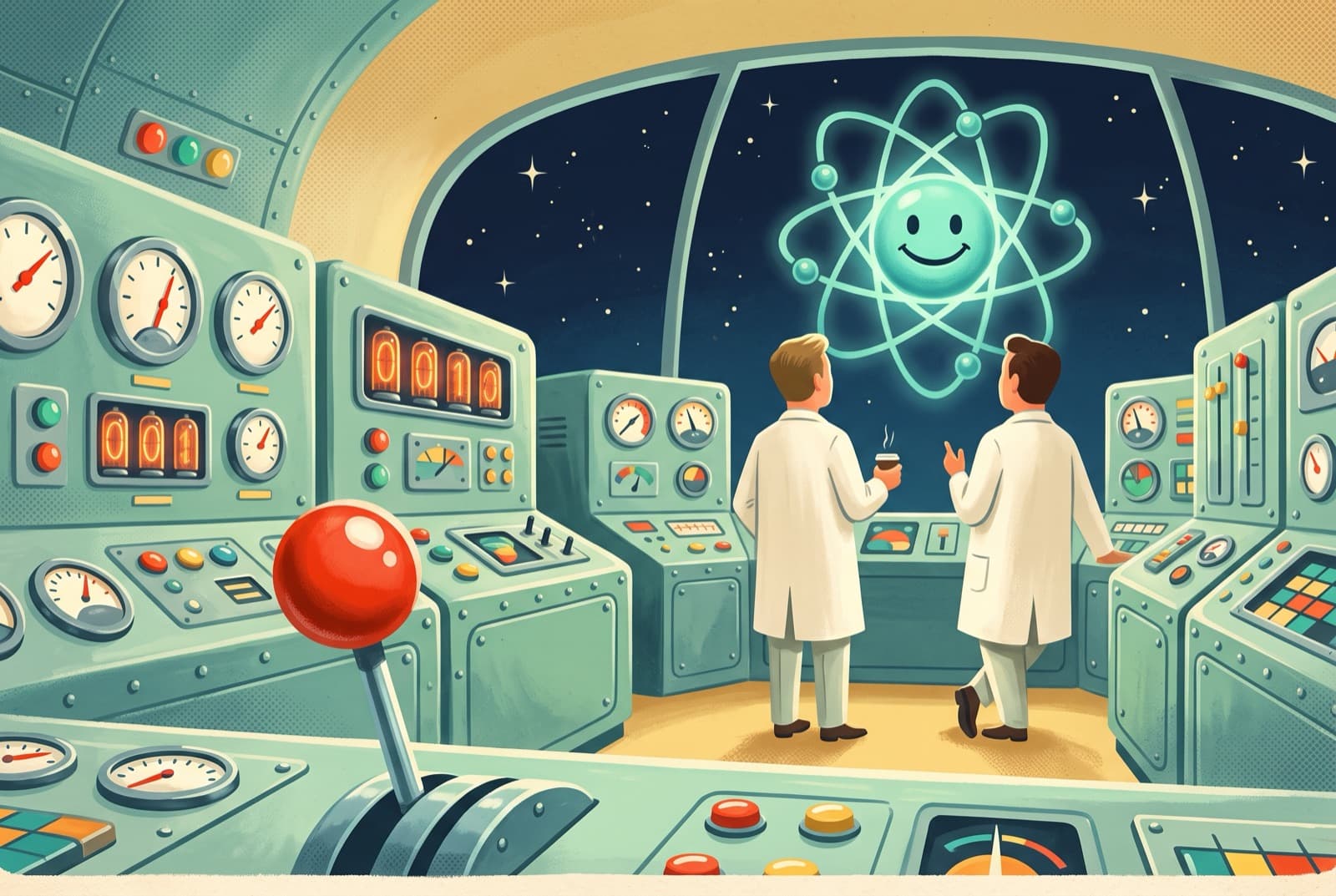 A painted 1950s-style control room with seafoam consoles, gauges and Nixie tubes, two technicians with coffee looking out at a giant smiling atom.