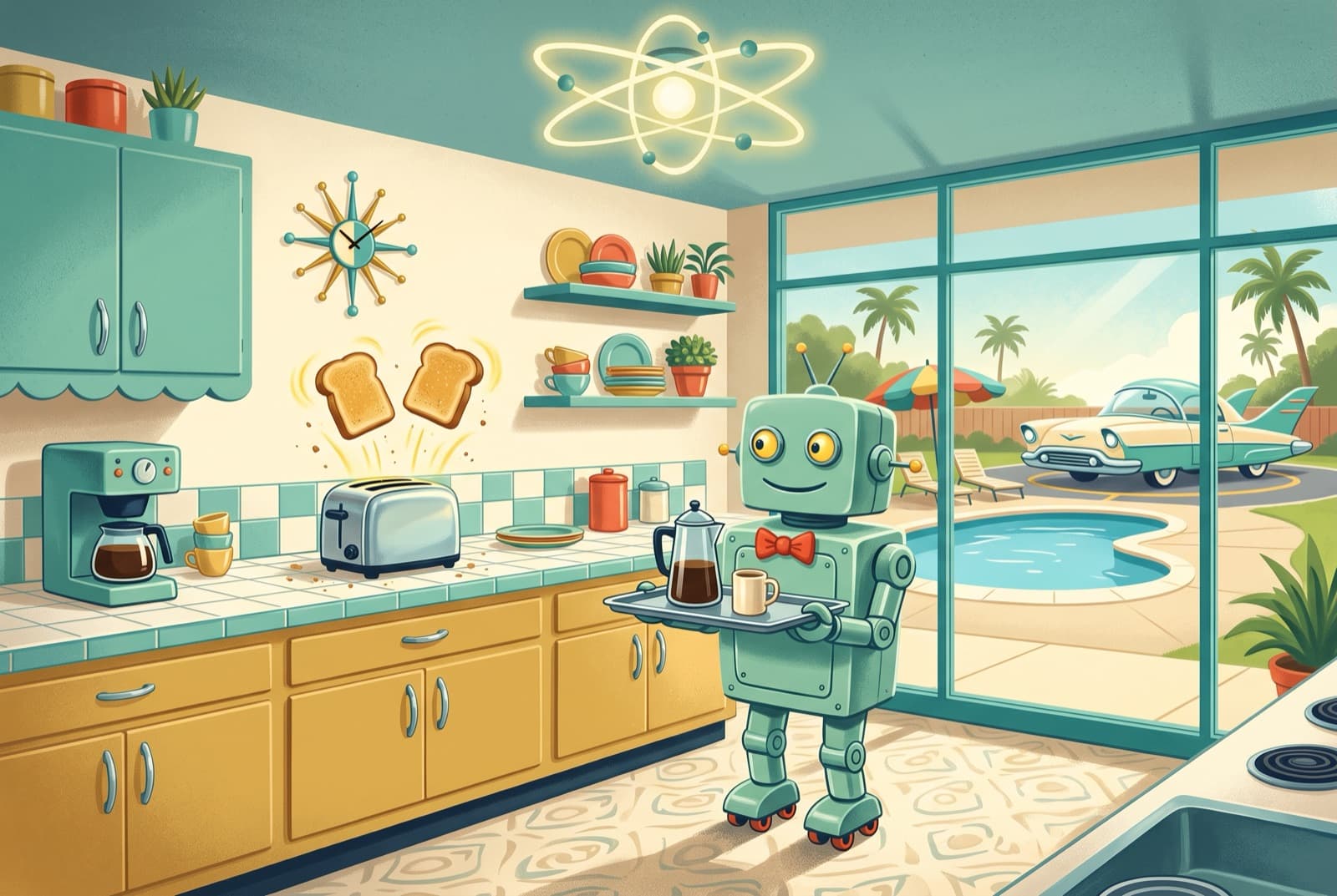 A painted 1950s-style kitchen where a chrome toaster pops toast and a seafoam robot butler serves coffee, with a kidney-shaped pool and a flying car outside.