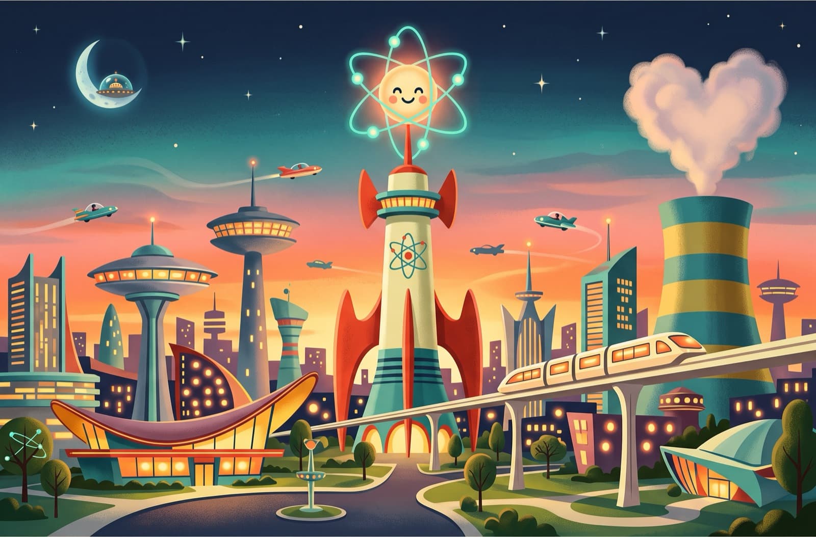 A painted 1950s-style view of Neutropolis at dusk: a rocket-shaped reactor tower topped by a smiling atom, saucer towers, a monorail and a cooling tower puffing a heart-shaped cloud.