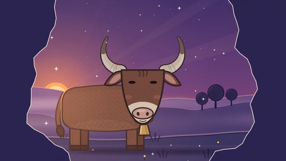 The last scene: the ox stands in its meadow at dusk, the sun setting behind it