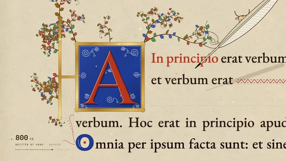Still: an illuminated initial A on a manuscript page, with a quill