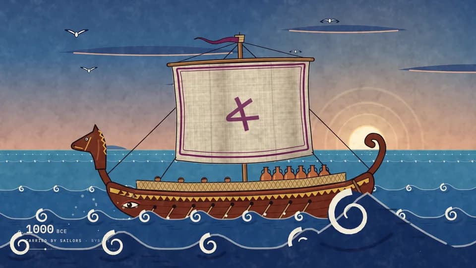 Still: the aleph painted on the sail of a Phoenician ship at sea