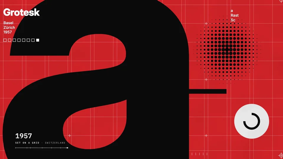 Still: a huge black grotesk a on a red Swiss poster grid