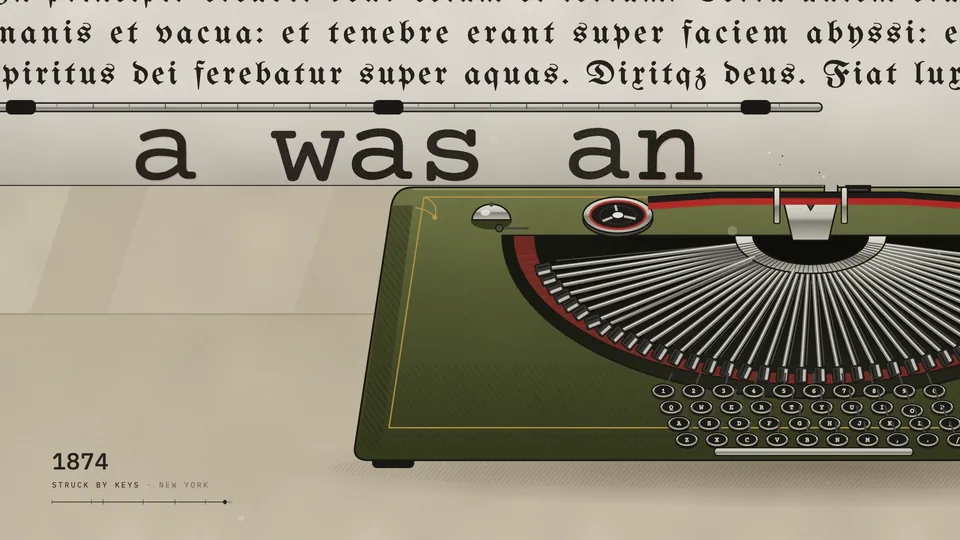 Still: an olive typewriter typing “a was an”